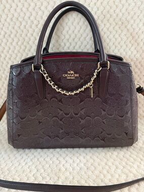COACH Embossed Margot Purse in Deep Burgundy with Gold Chain